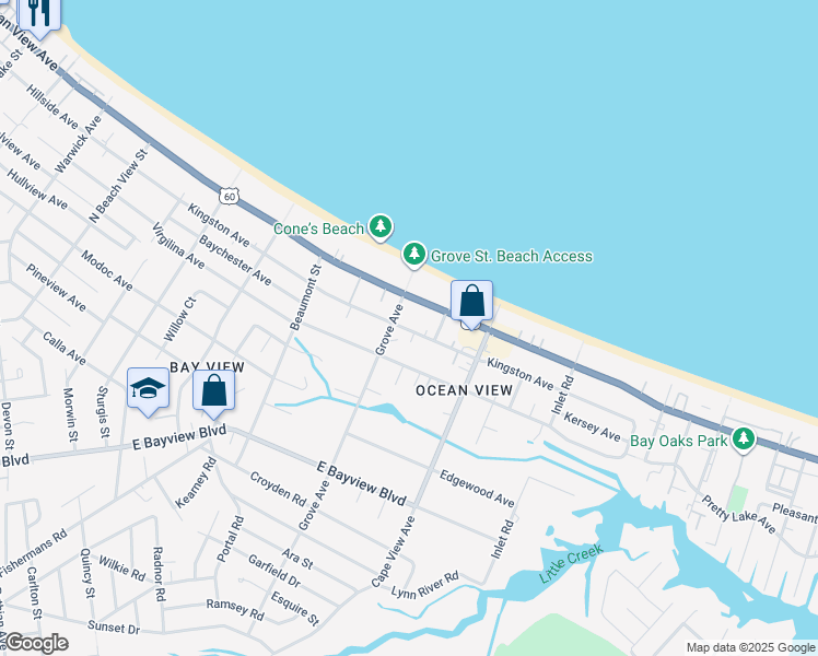 map of restaurants, bars, coffee shops, grocery stores, and more near 1805 East Ocean View Avenue in Norfolk