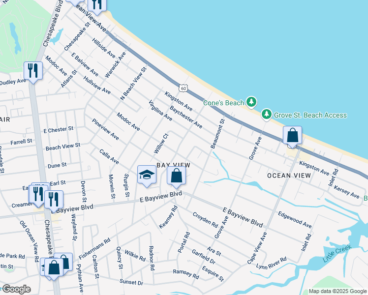 map of restaurants, bars, coffee shops, grocery stores, and more near 1443 Simpson Court in Norfolk