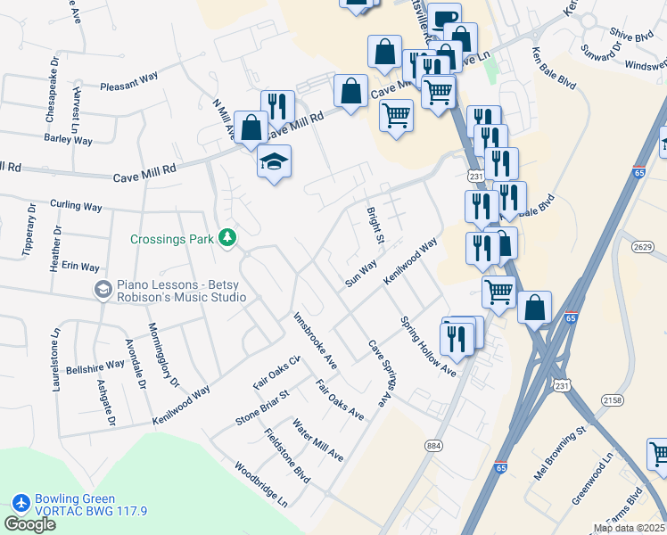 map of restaurants, bars, coffee shops, grocery stores, and more near 380 Pascoe Boulevard in Bowling Green