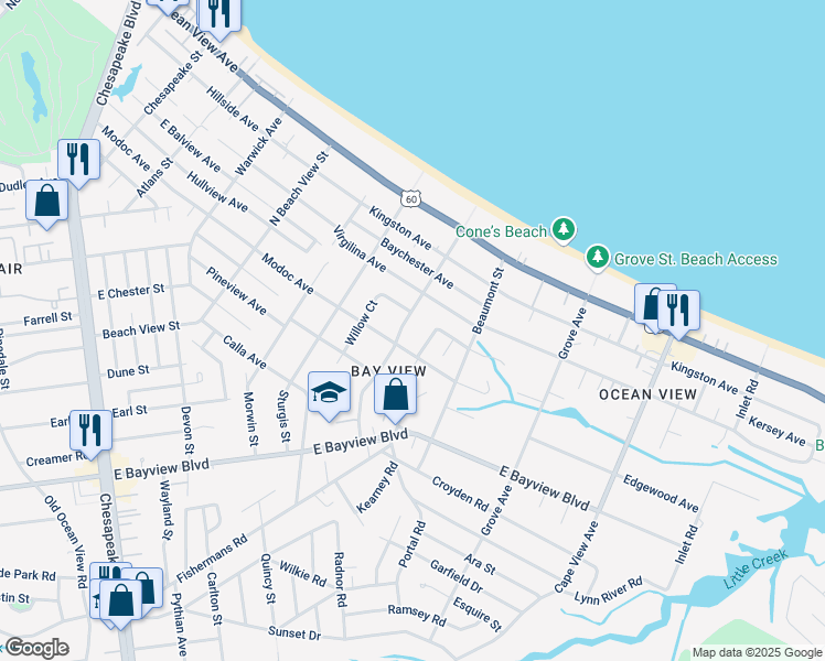map of restaurants, bars, coffee shops, grocery stores, and more near 1443 Simpson Court in Norfolk