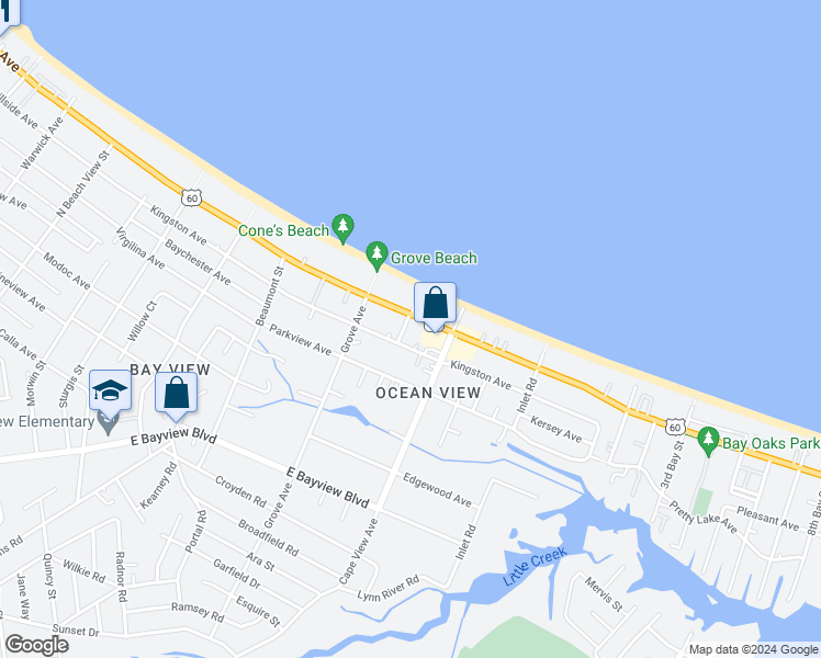 map of restaurants, bars, coffee shops, grocery stores, and more near 1847 East Ocean View Avenue in Norfolk