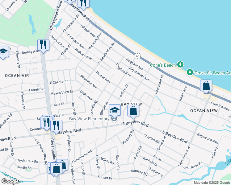 map of restaurants, bars, coffee shops, grocery stores, and more near 9410 Sturgis Street in Norfolk