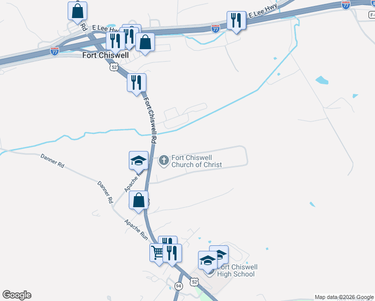 map of restaurants, bars, coffee shops, grocery stores, and more near Whispering Pines Road in Fort Chiswell