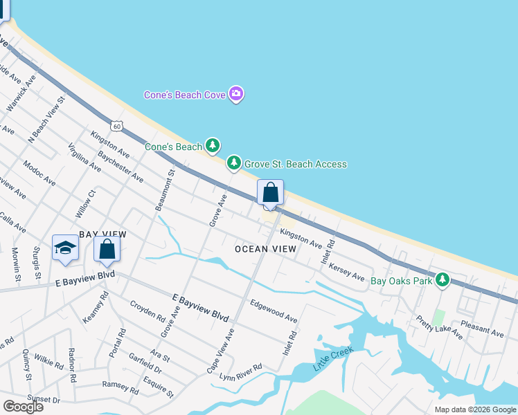 map of restaurants, bars, coffee shops, grocery stores, and more near 1851 East Ocean View Avenue in Norfolk
