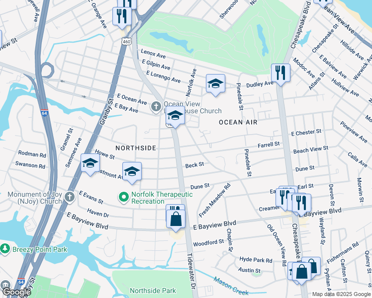 map of restaurants, bars, coffee shops, grocery stores, and more near 405 East Chester Street in Norfolk