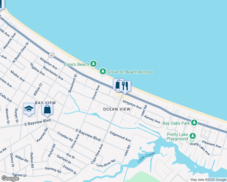 map of restaurants, bars, coffee shops, grocery stores, and more near 1838 East Ocean View Avenue in Norfolk