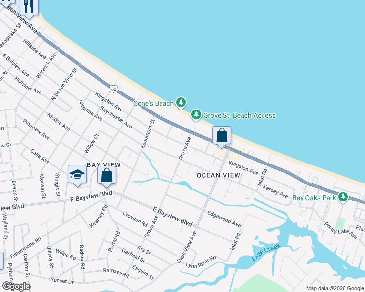 map of restaurants, bars, coffee shops, grocery stores, and more near 1714 Kingston Avenue in Norfolk