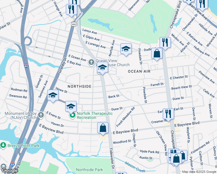 map of restaurants, bars, coffee shops, grocery stores, and more near 405 East Chester Street in Norfolk