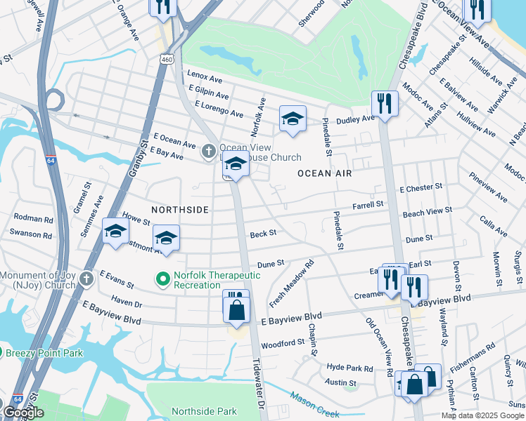 map of restaurants, bars, coffee shops, grocery stores, and more near 411 East Chester Street in Norfolk