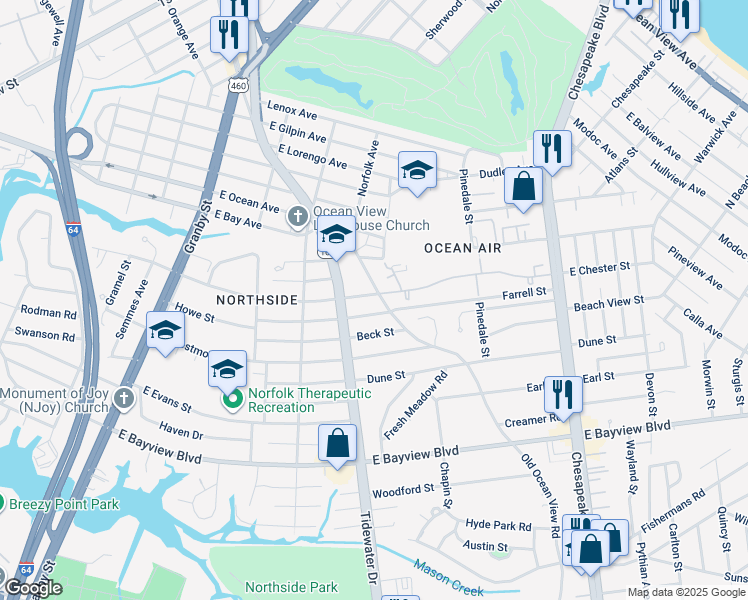 map of restaurants, bars, coffee shops, grocery stores, and more near 411 East Chester Street in Norfolk