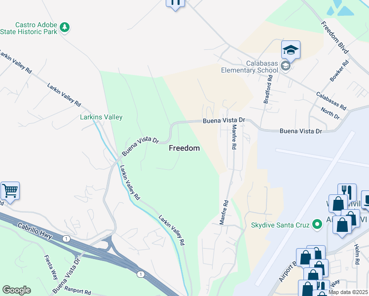 map of restaurants, bars, coffee shops, grocery stores, and more near 2458 Freedom Boulevard in Watsonville