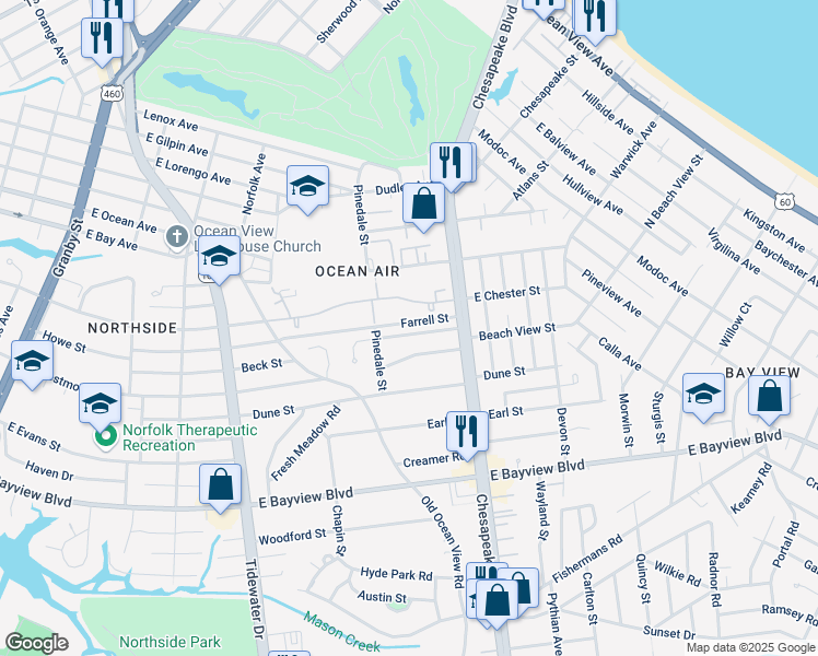 map of restaurants, bars, coffee shops, grocery stores, and more near 609 Mariners Way in Norfolk