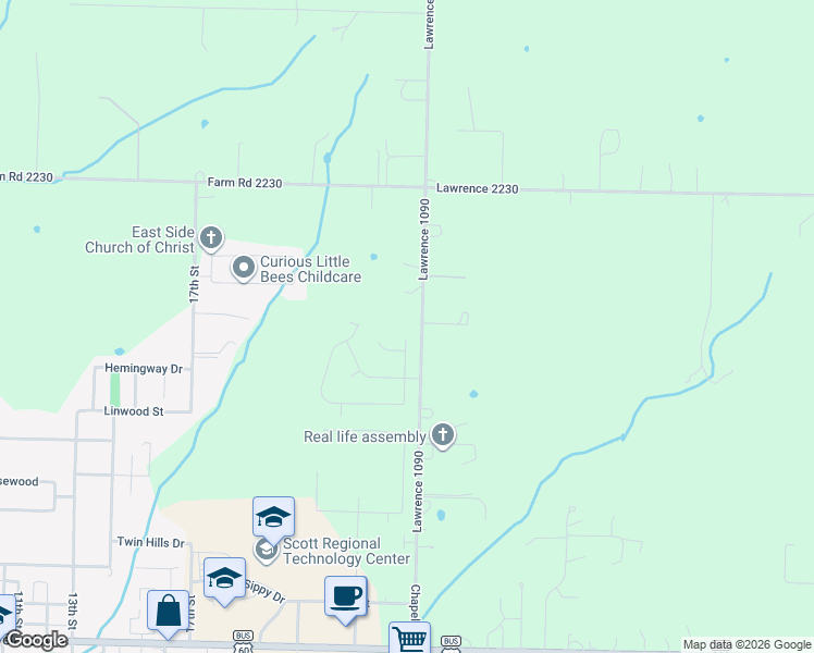 map of restaurants, bars, coffee shops, grocery stores, and more near 23188 Lawrence 1090 in Monett