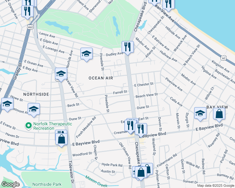 map of restaurants, bars, coffee shops, grocery stores, and more near 709 Mariners Way in Norfolk