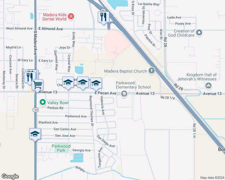 map of restaurants, bars, coffee shops, grocery stores, and more near in Madera