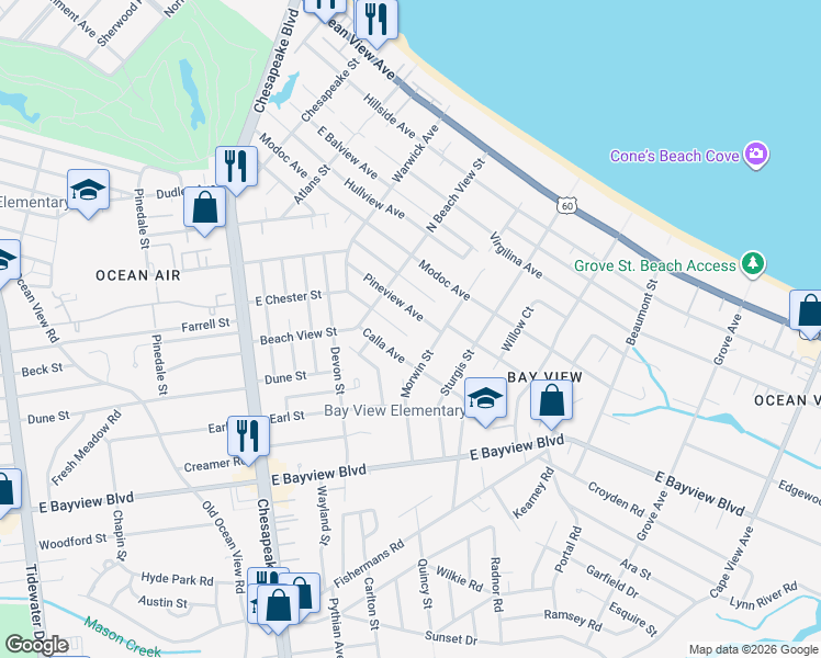 map of restaurants, bars, coffee shops, grocery stores, and more near 1317 Pineview Avenue in Norfolk