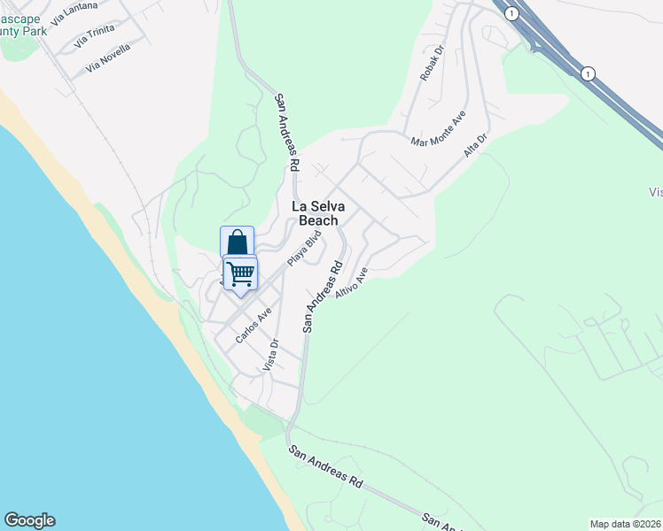 map of restaurants, bars, coffee shops, grocery stores, and more near 2 San Andreas Road in Watsonville
