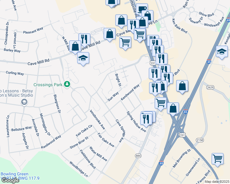 map of restaurants, bars, coffee shops, grocery stores, and more near 1309 Sun Way in Bowling Green