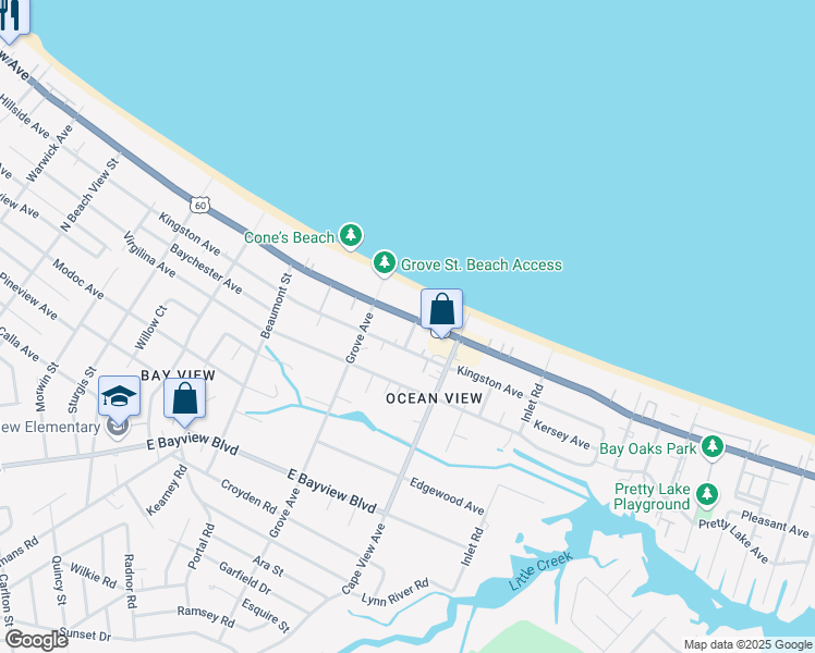 map of restaurants, bars, coffee shops, grocery stores, and more near 1838 East Ocean View Avenue in Norfolk