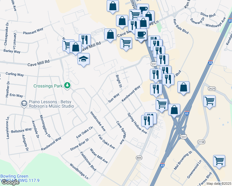 map of restaurants, bars, coffee shops, grocery stores, and more near 376 Pascoe Boulevard in Bowling Green