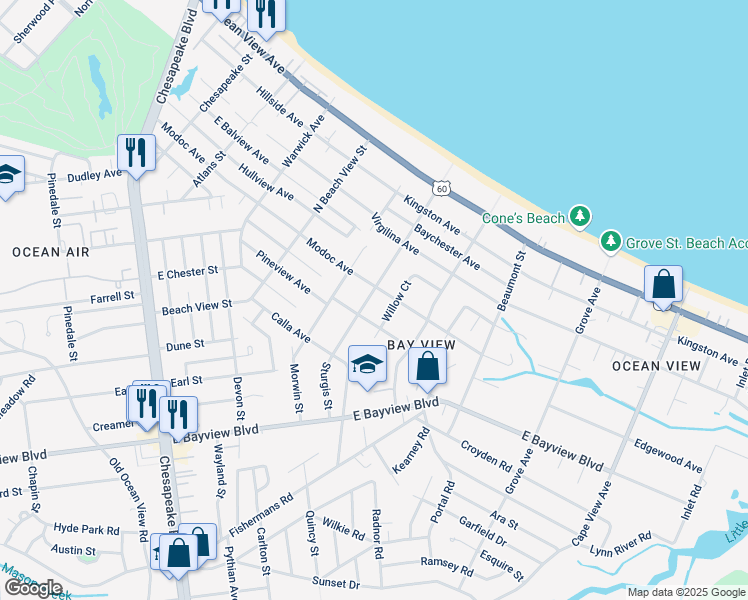 map of restaurants, bars, coffee shops, grocery stores, and more near 9418 Sturgis Street in Norfolk
