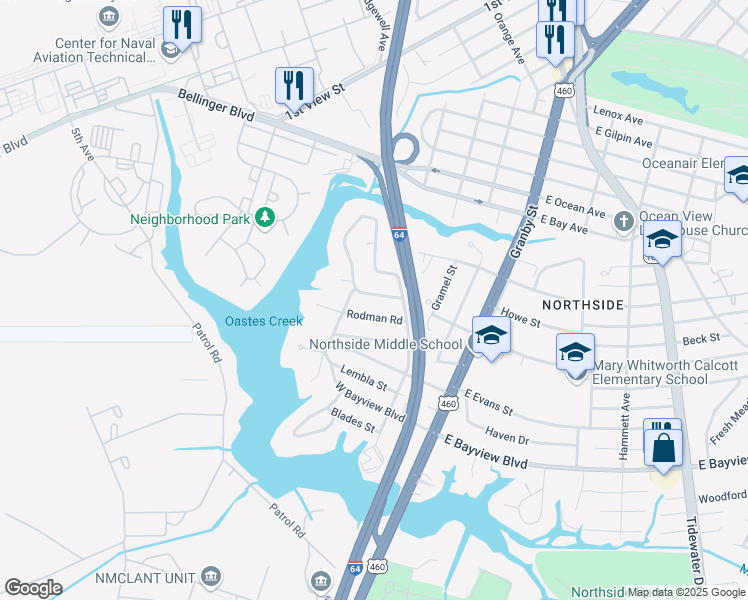 map of restaurants, bars, coffee shops, grocery stores, and more near 167 Burrage Road in Norfolk