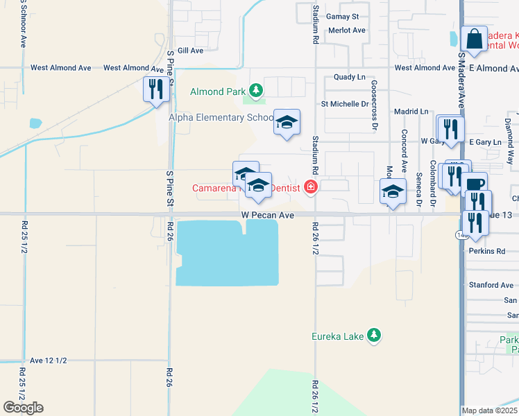 map of restaurants, bars, coffee shops, grocery stores, and more near 955 West Pecan Avenue in Madera