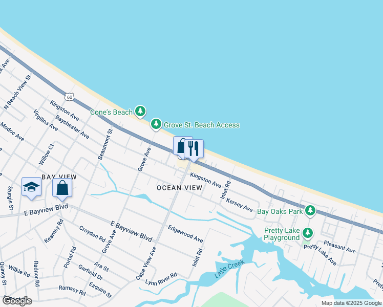 map of restaurants, bars, coffee shops, grocery stores, and more near 1878 East Ocean View Avenue in Norfolk