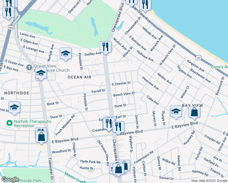 map of restaurants, bars, coffee shops, grocery stores, and more near 8849 London Street in Norfolk