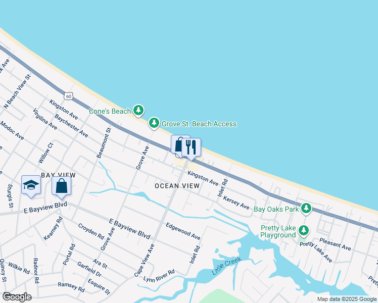 map of restaurants, bars, coffee shops, grocery stores, and more near 1878 East Ocean View Avenue in Norfolk