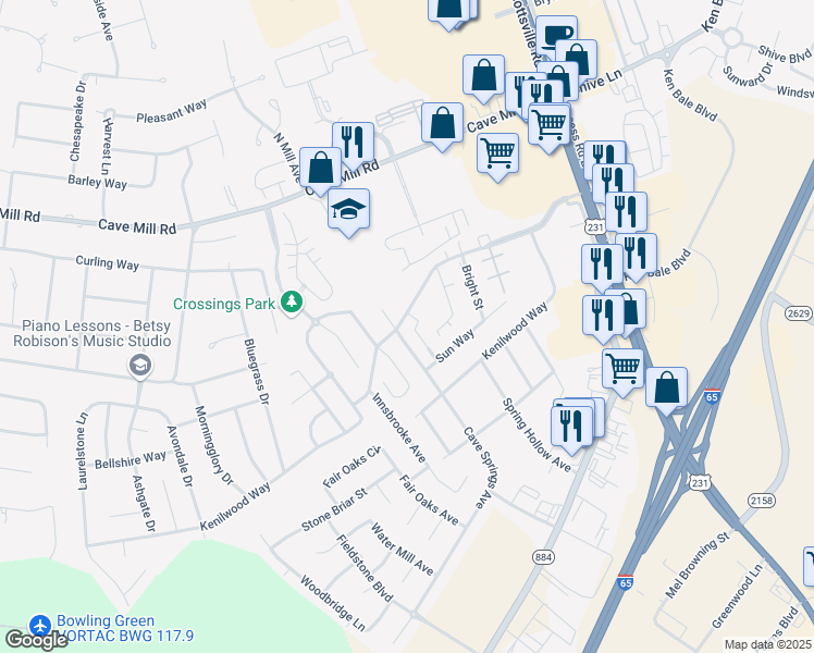 map of restaurants, bars, coffee shops, grocery stores, and more near 384 Pascoe Boulevard in Bowling Green