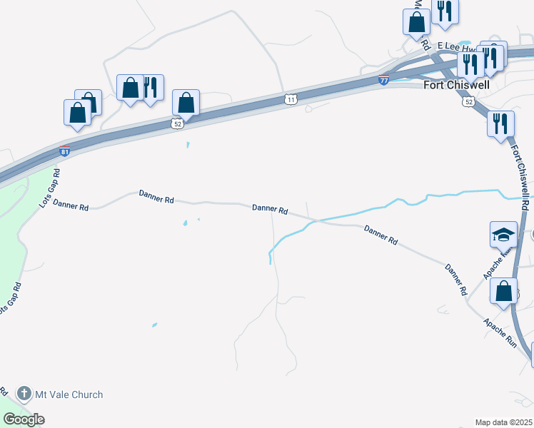 map of restaurants, bars, coffee shops, grocery stores, and more near 105 Sunny Road in Max Meadows