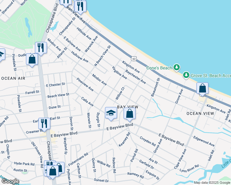 map of restaurants, bars, coffee shops, grocery stores, and more near 1405 Modoc Avenue in Norfolk