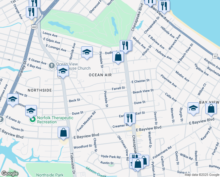 map of restaurants, bars, coffee shops, grocery stores, and more near 609 Mariners Way in Norfolk