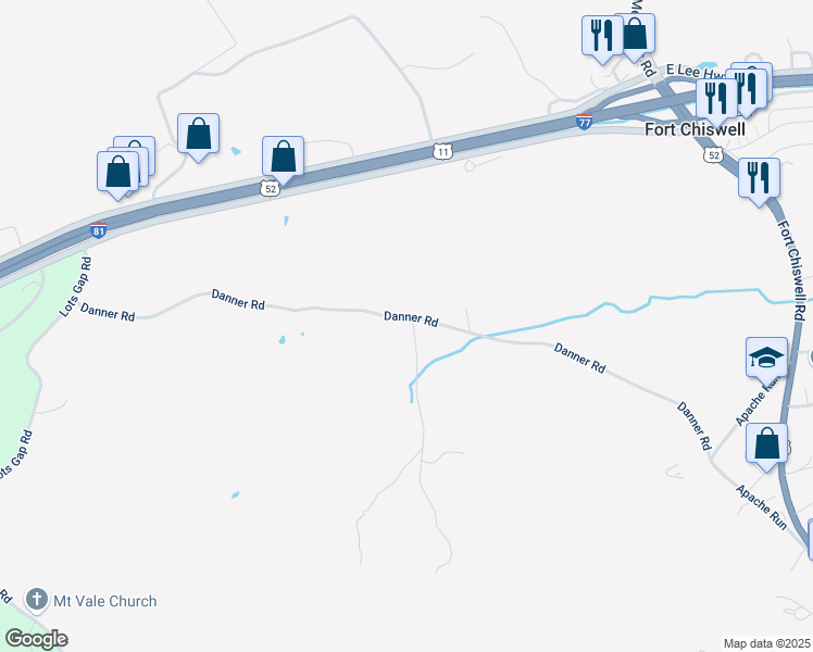 map of restaurants, bars, coffee shops, grocery stores, and more near 105 Sunny Road in Max Meadows
