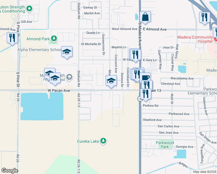 map of restaurants, bars, coffee shops, grocery stores, and more near 1438 Concord Court in Madera