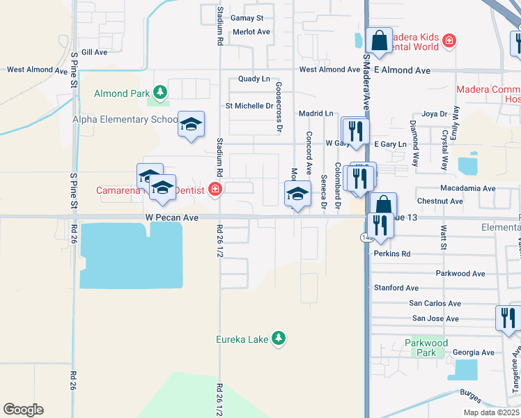 map of restaurants, bars, coffee shops, grocery stores, and more near in Madera