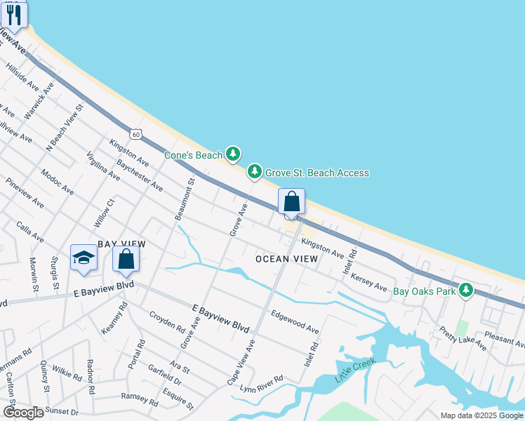 map of restaurants, bars, coffee shops, grocery stores, and more near 1805 East Ocean View Avenue in Norfolk