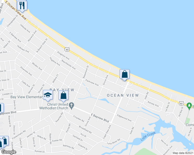 map of restaurants, bars, coffee shops, grocery stores, and more near 1714 Kingston Avenue in Norfolk
