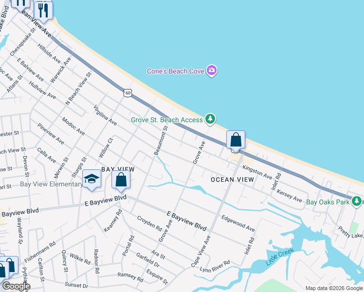 map of restaurants, bars, coffee shops, grocery stores, and more near 1627 Kingston Avenue in Norfolk