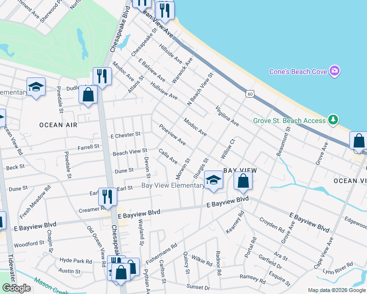 map of restaurants, bars, coffee shops, grocery stores, and more near 1317 Pineview Avenue in Norfolk