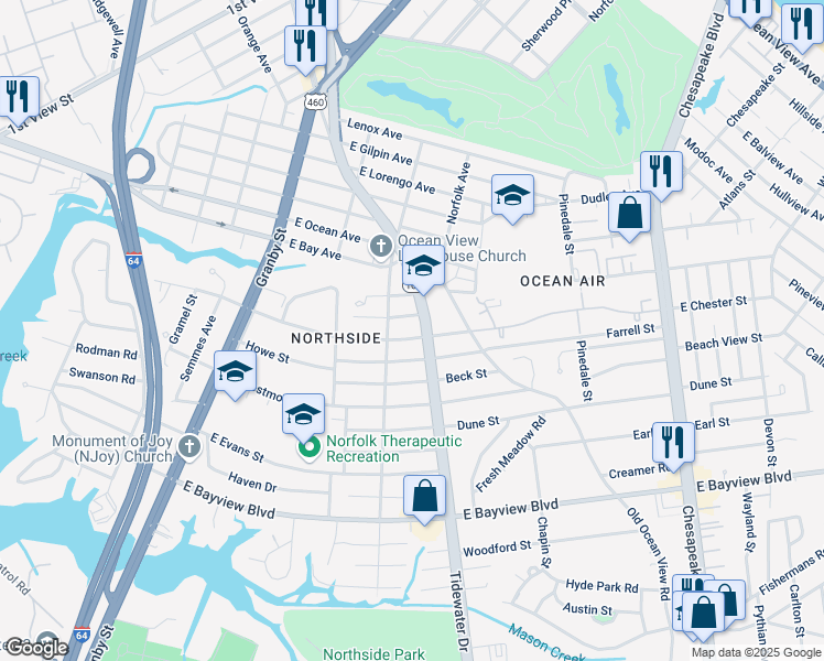 map of restaurants, bars, coffee shops, grocery stores, and more near 315 Twilley Street in Norfolk