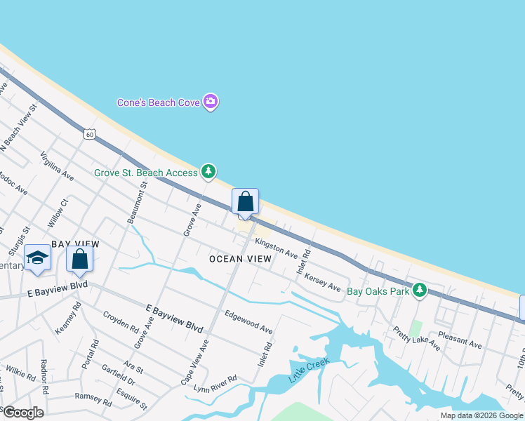 map of restaurants, bars, coffee shops, grocery stores, and more near 1870 East Ocean View Avenue in Norfolk