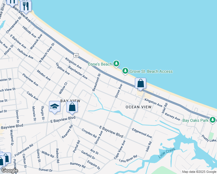 map of restaurants, bars, coffee shops, grocery stores, and more near 1701 Kingston Avenue in Norfolk