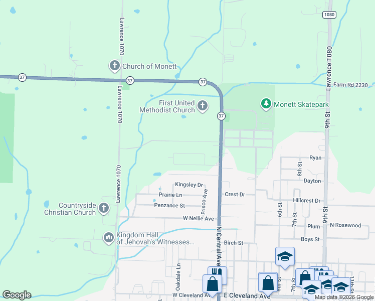 map of restaurants, bars, coffee shops, grocery stores, and more near 121 Melody Lane in Monett
