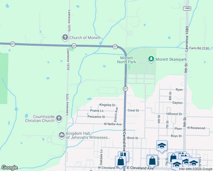 map of restaurants, bars, coffee shops, grocery stores, and more near 121 Melody Lane in Monett