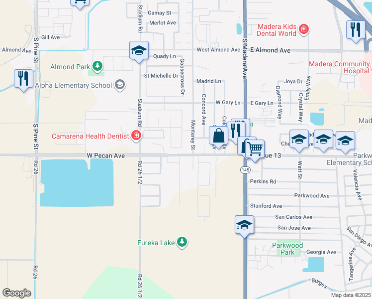 map of restaurants, bars, coffee shops, grocery stores, and more near 1383 Pompei Street in Madera