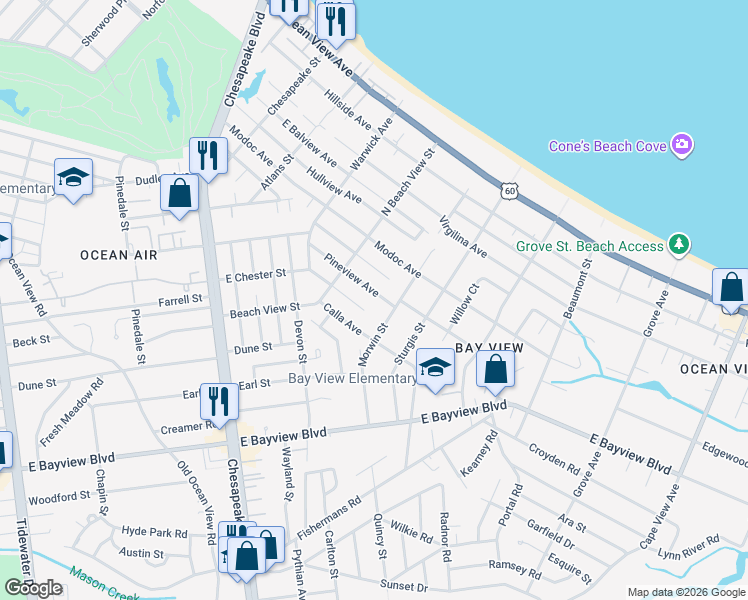 map of restaurants, bars, coffee shops, grocery stores, and more near 1317 Pineview Avenue in Norfolk