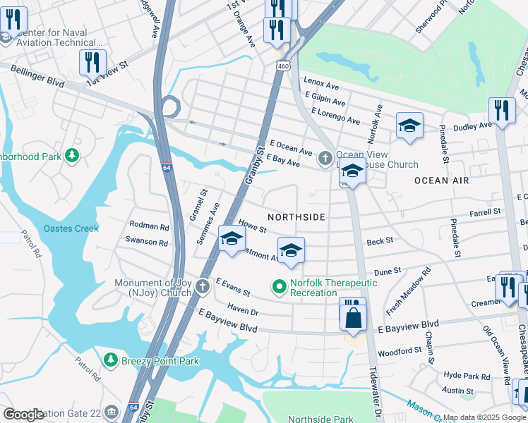 map of restaurants, bars, coffee shops, grocery stores, and more near 119 East Chester Street in Norfolk
