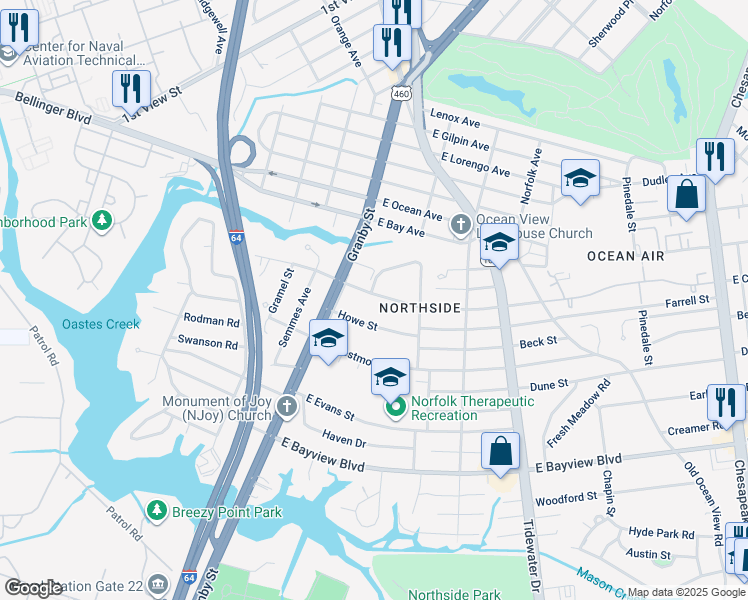 map of restaurants, bars, coffee shops, grocery stores, and more near 119 East Chester Street in Norfolk